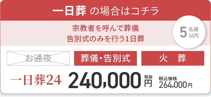 一日葬 の場合はコチラ/宗教者を呼んで告別式のみを行う1日葬/一日葬24/5名様以内/葬儀・告別式/火葬/税抜240,000円/税込価格264,000円