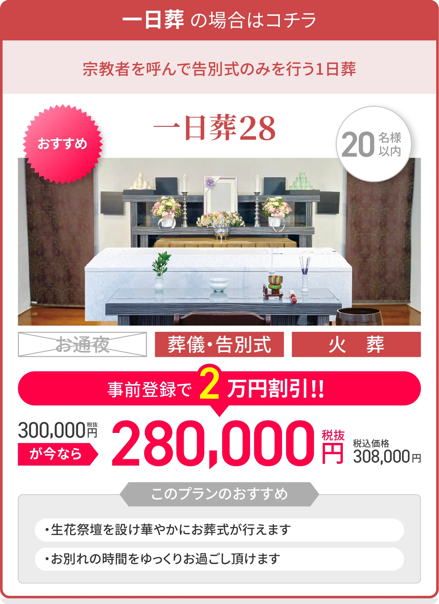 一日葬 の場合はコチラ/宗教者を呼んで告別式のみを行う1日葬/一日葬28/20名様以内/葬儀・告別式/火葬/税抜300,000が今なら事前登録で2万円割引!!/税抜280,000円/税込価格308,000円/このプランのおすすめ/・生花祭壇を設け華やかにお葬式が行えます/・お別れの時間をゆっくりお過ごし頂けます 