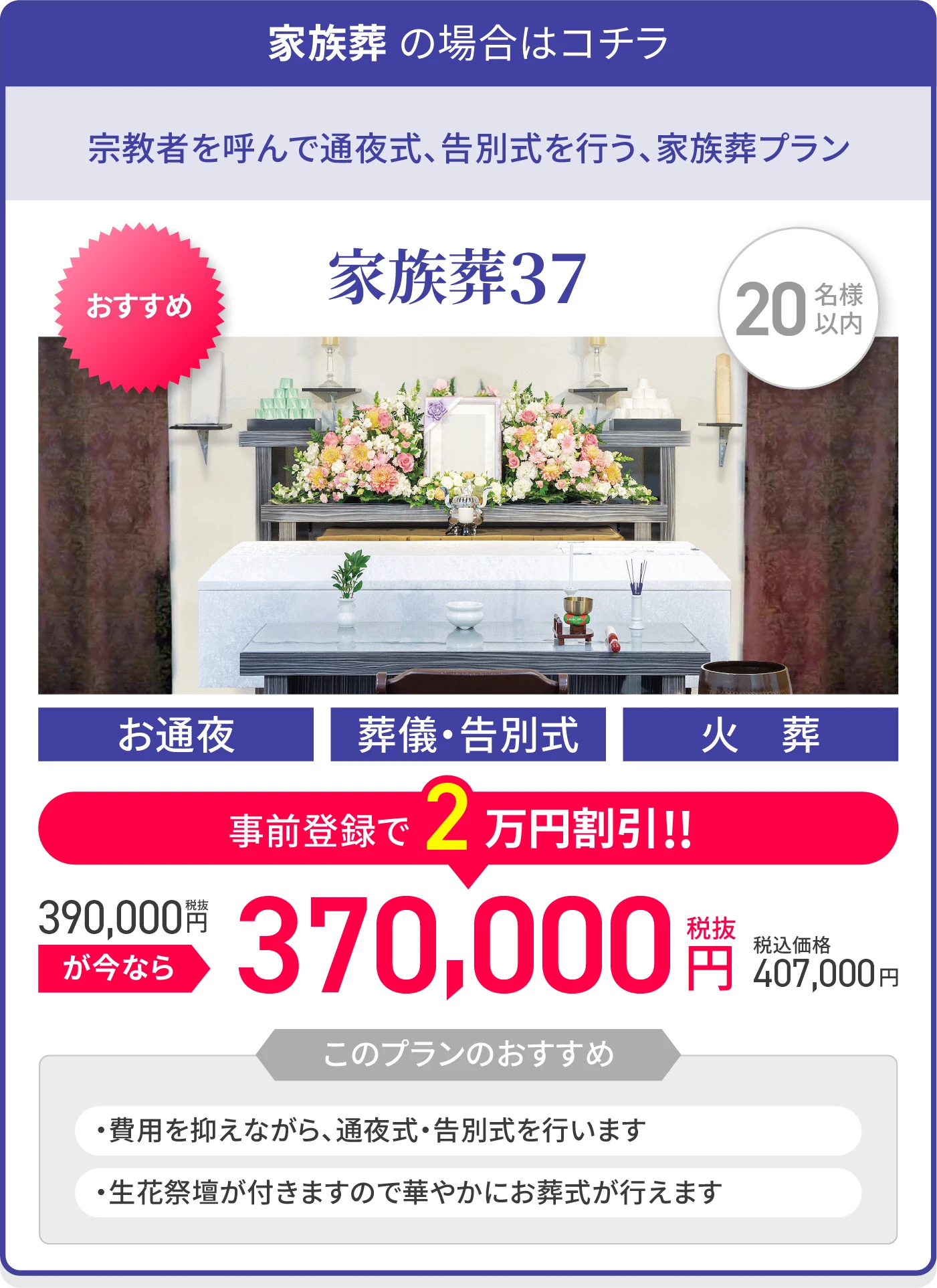 家族葬 の場合はコチラ/宗教者を呼んで通夜式、告別式を行う、家族葬プラン/家族葬38/20名様以内/オススメ/お通夜/葬儀・告別式/火葬/税抜390,000円が今なら事前登録で2万円割引!!/税抜370,000円/税込価格407,000円/このプランのおすすめ/・費用を抑えながら、通夜式・告別式を行います/・生花祭壇が付きますので華やかにお葬式が行えます